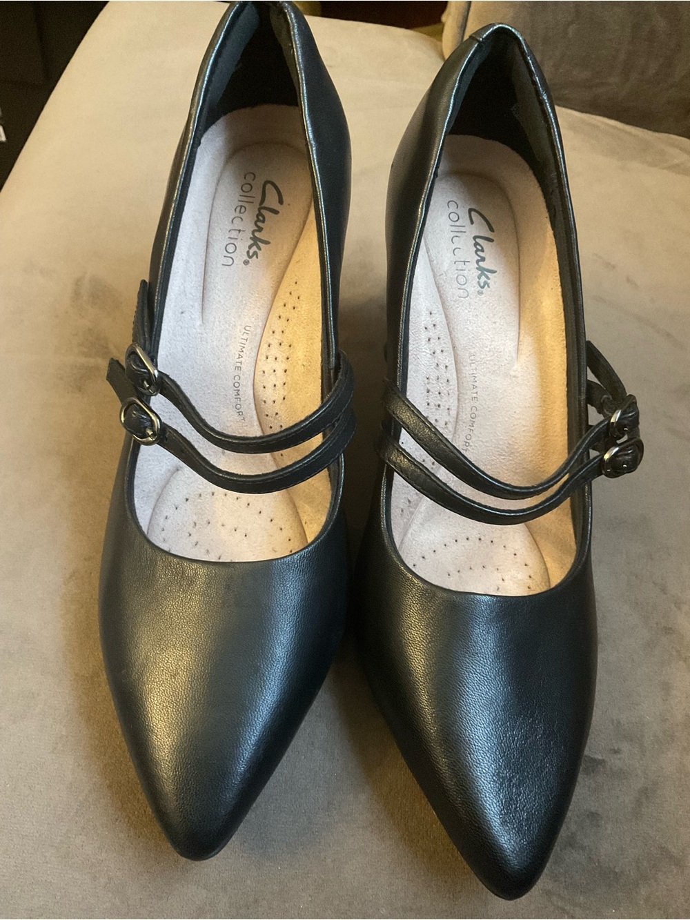Clarks Black Double-Strap Pointed Mary Jane Heels